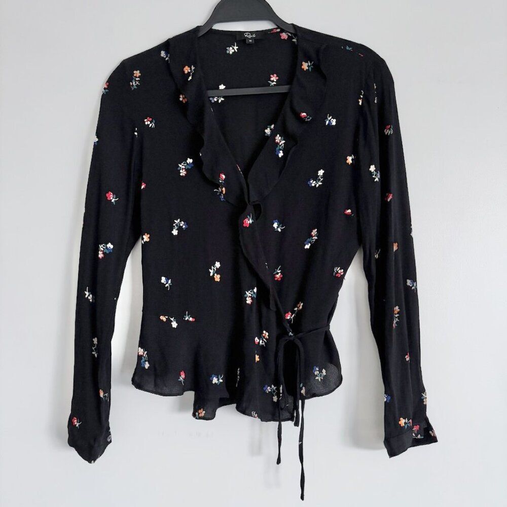 Rails Simone Black Kyoto Floral Wrap Ruffle Blouse Size Medium